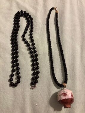 Handcrafted Black Cord Necklace with Floral Ceramic Pendant